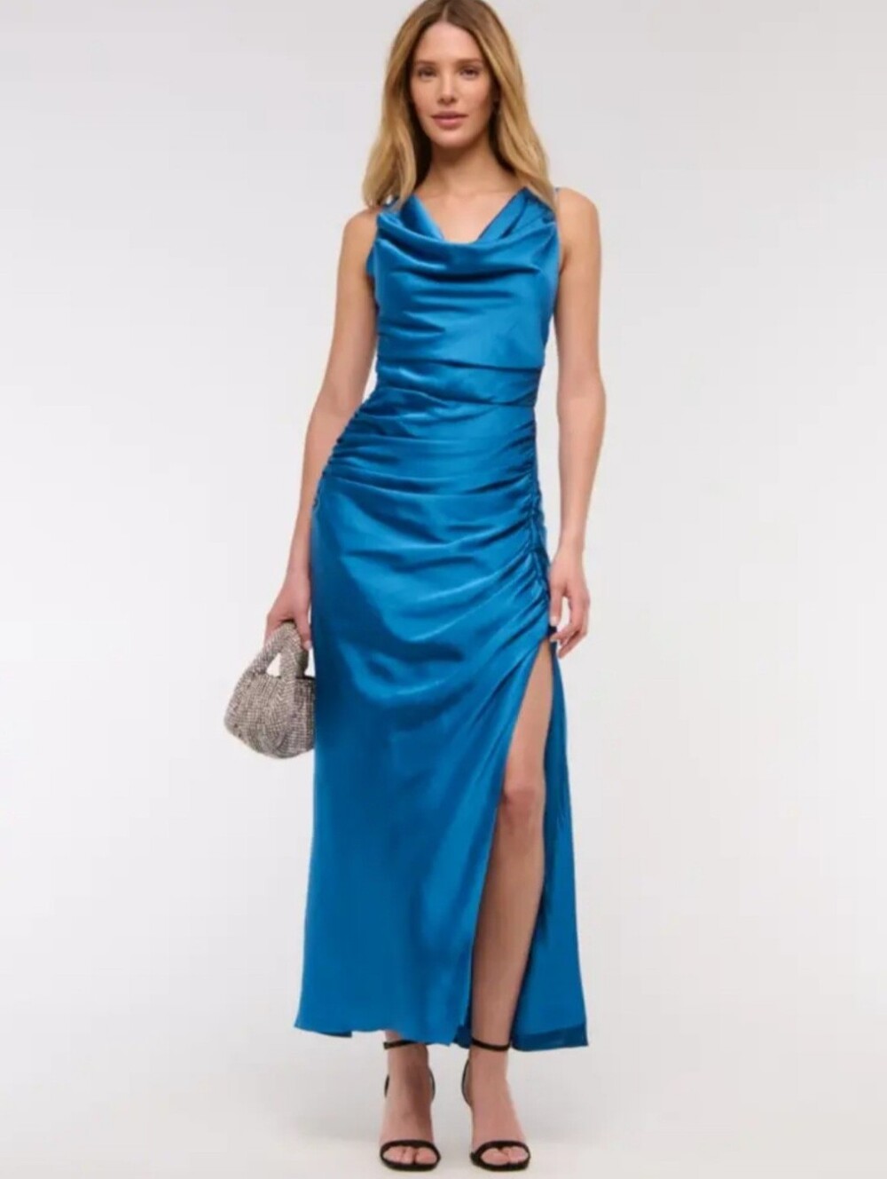 Abercrombie & Fitch Satin Cowl Draped Maxi Evening Dress in Dutch Blue M